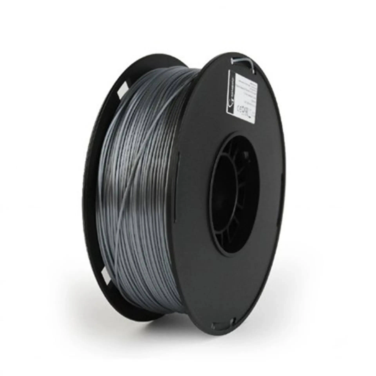 Eine Spule graues 3D-Druck-Filament vor weißem Hintergrund.