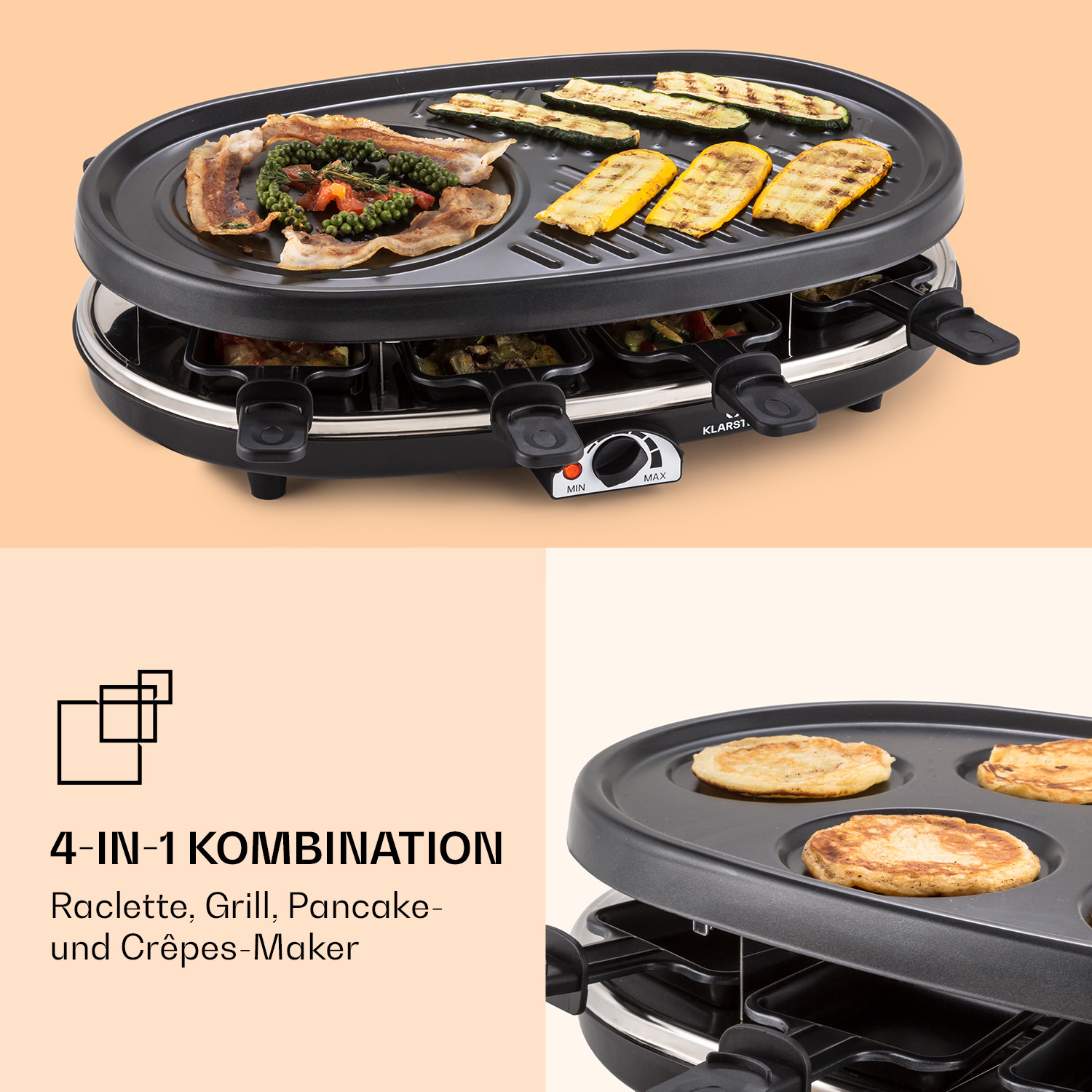 Ein Raclette-Grill mit Essen, darunter Gemüse und Pfannkuchen. Es steht auf einer hellbraunen Oberfläche.