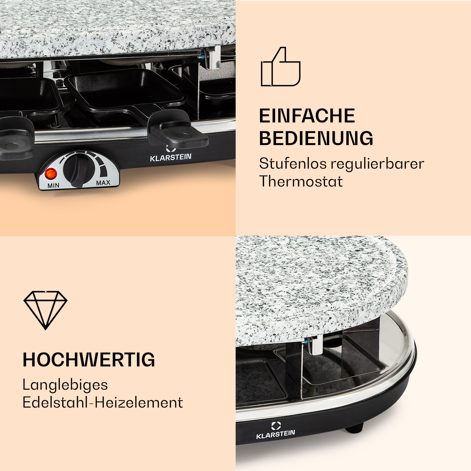 Raclette-Grill mit Steinplatte. Nahaufnahme mit Text: Einfache Bedienung. Thermostat.