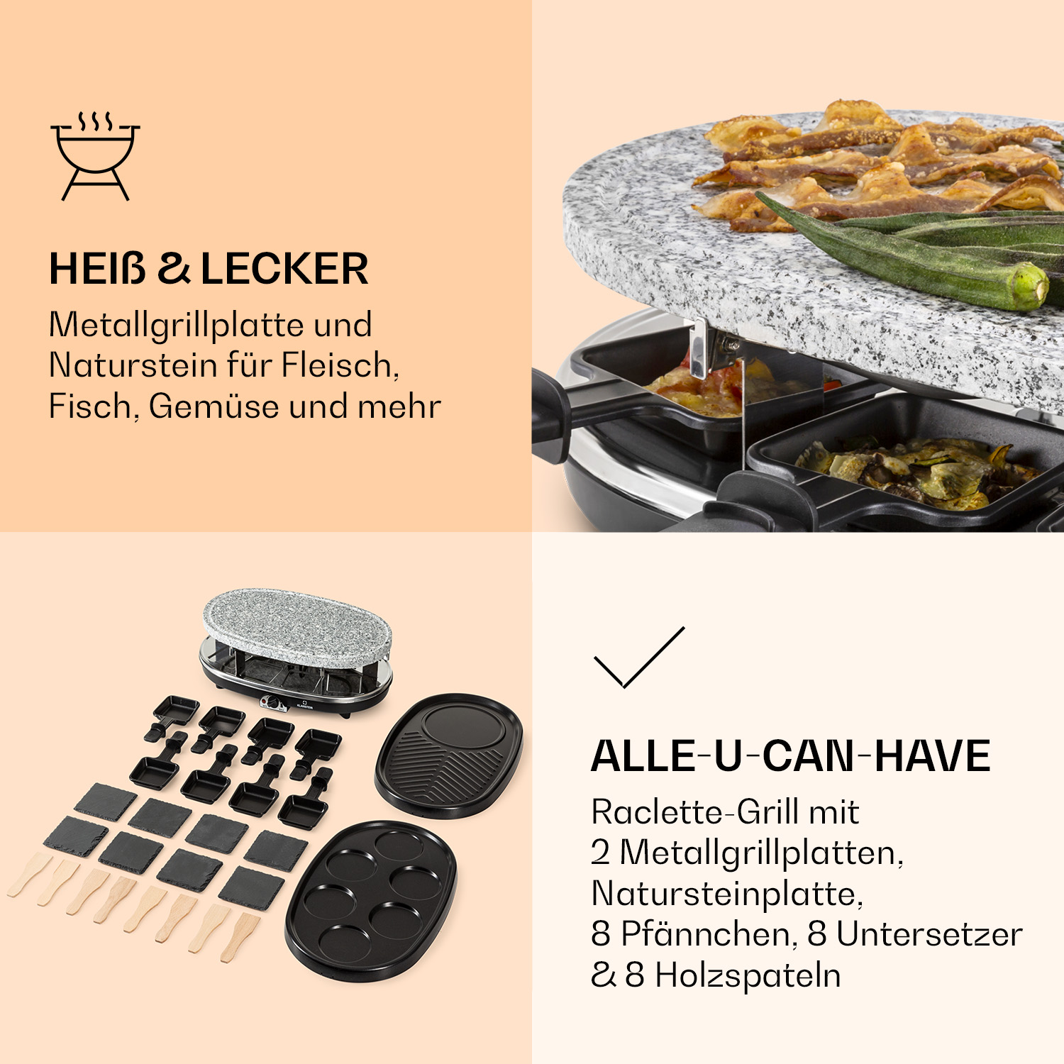 Raclette-Grill-Set mit verschiedenen Komponenten: Grill, Steinplatte, Pfännchen, Spateln. Text auf Deutsch.