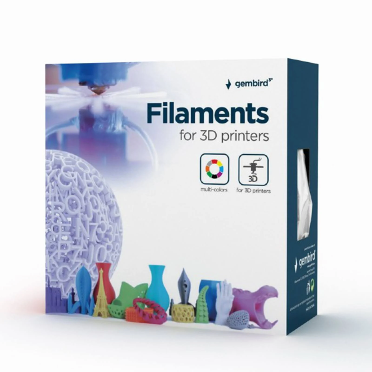 Box mit Filamenten für 3D-Drucker. Bunte Drucke werden gezeigt, Gembird-Logo, weißer Hintergrund.