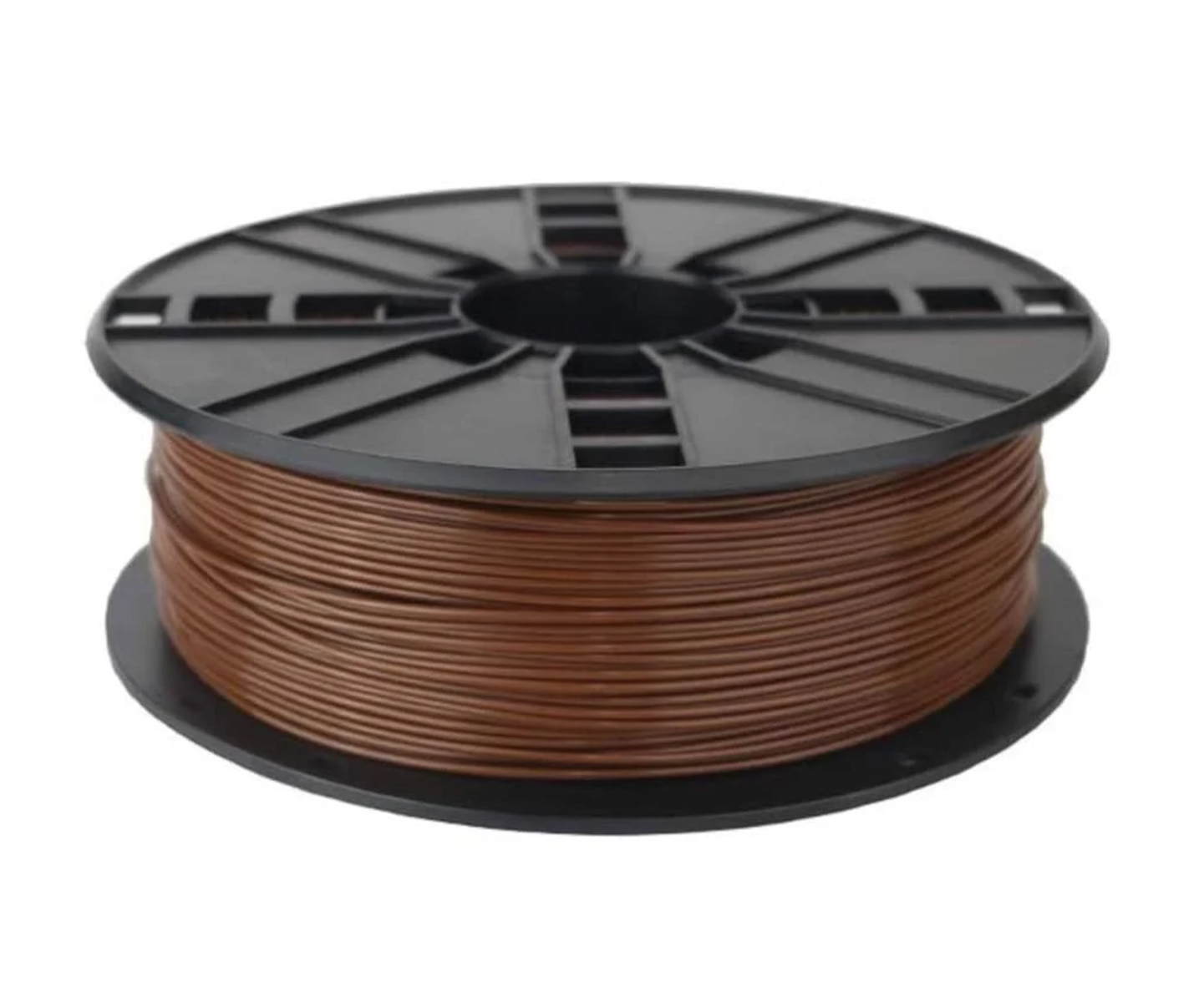 Eine Spule braunes 3D-Druck-Filament liegt auf einem schwarzen Spulenhalter.