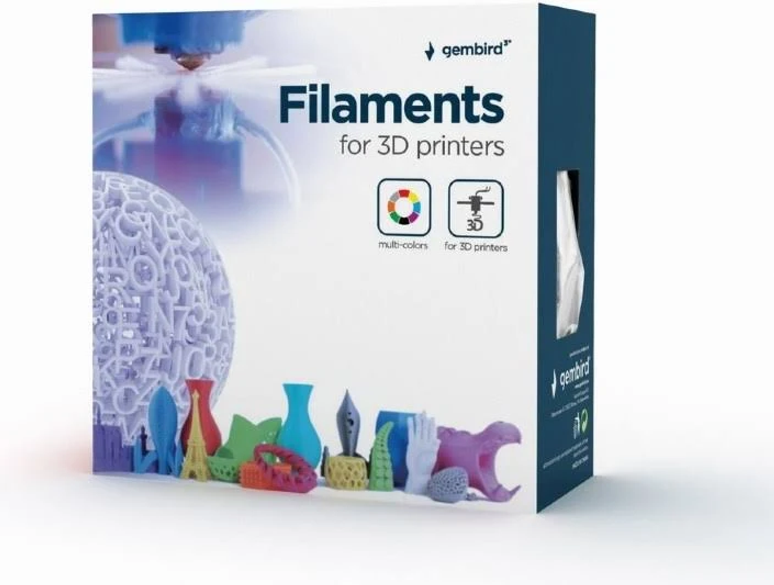 Box mit Filamenten für 3D-Drucker. Es zeigt verschiedene bunte 3D-gedruckte Modelle.