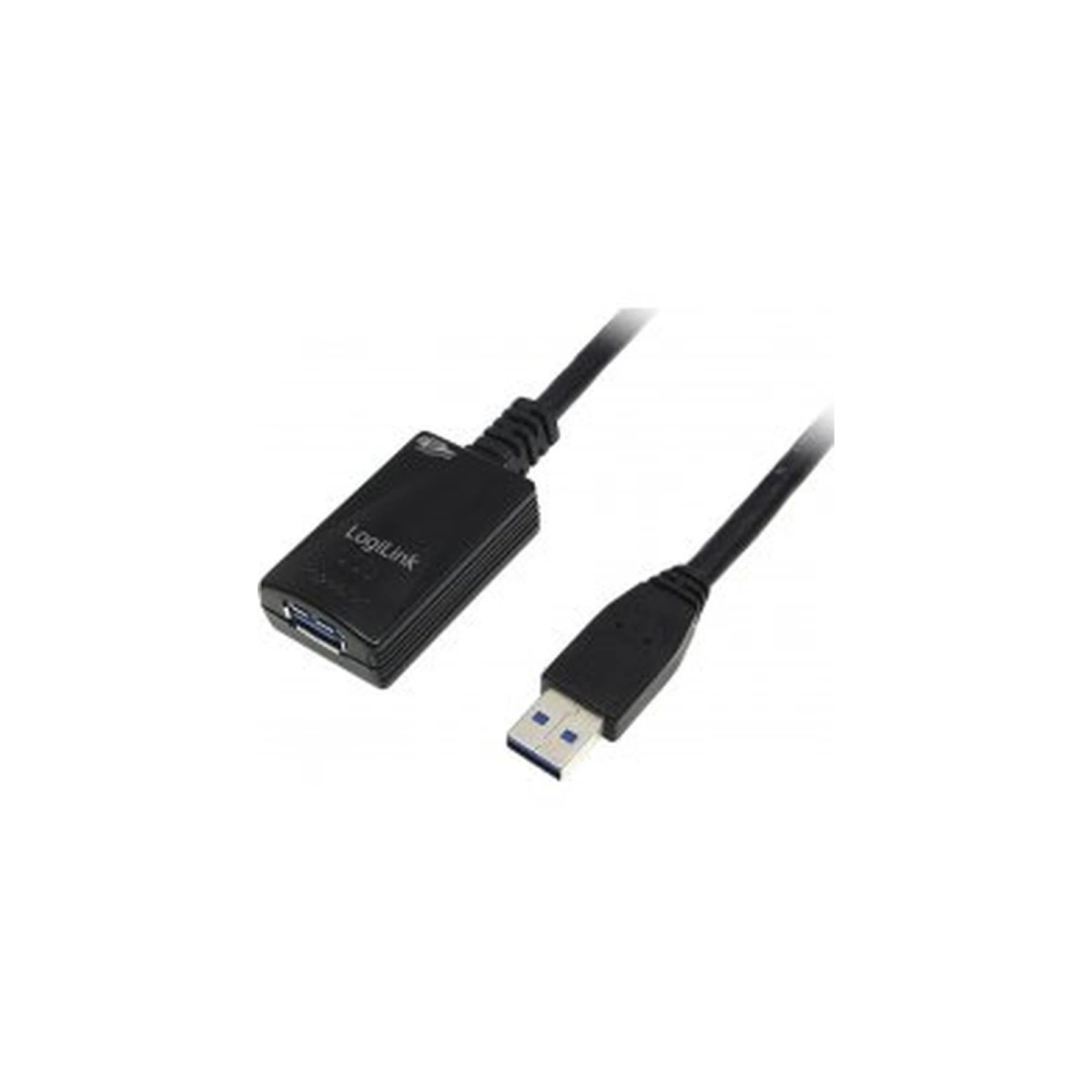 Cavo di prolunga USB nero con connettore USB e connettore USB-A. Sfondo bianco.