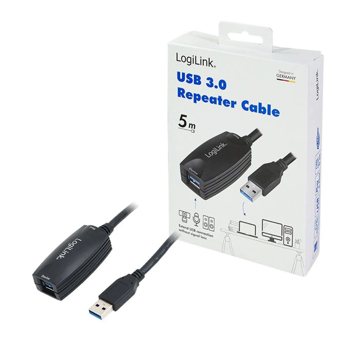 Cavo ripetitore USB 3.0 e scatola. I cavi sono neri, la scatola è bianca con testo.