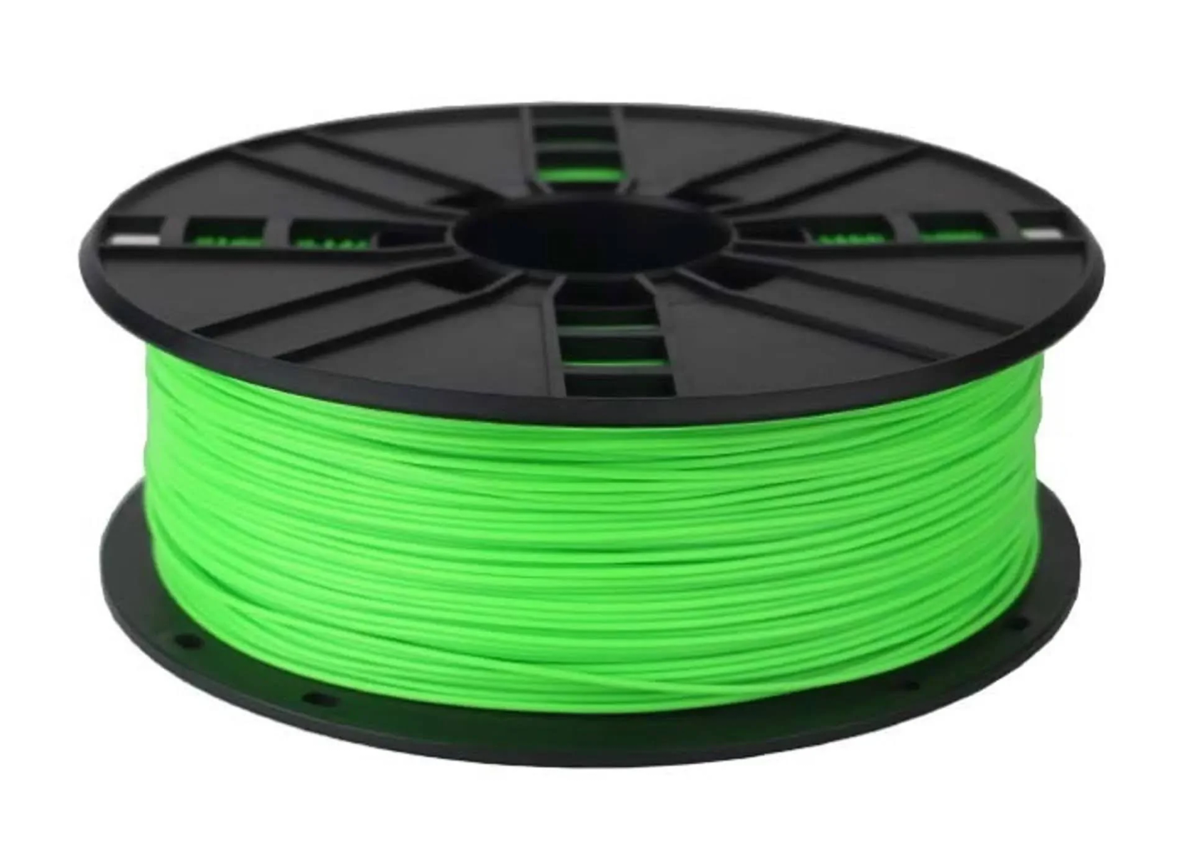 Bobina de filamento verde para impresora 3D. Base negra, filamento verde brillante.