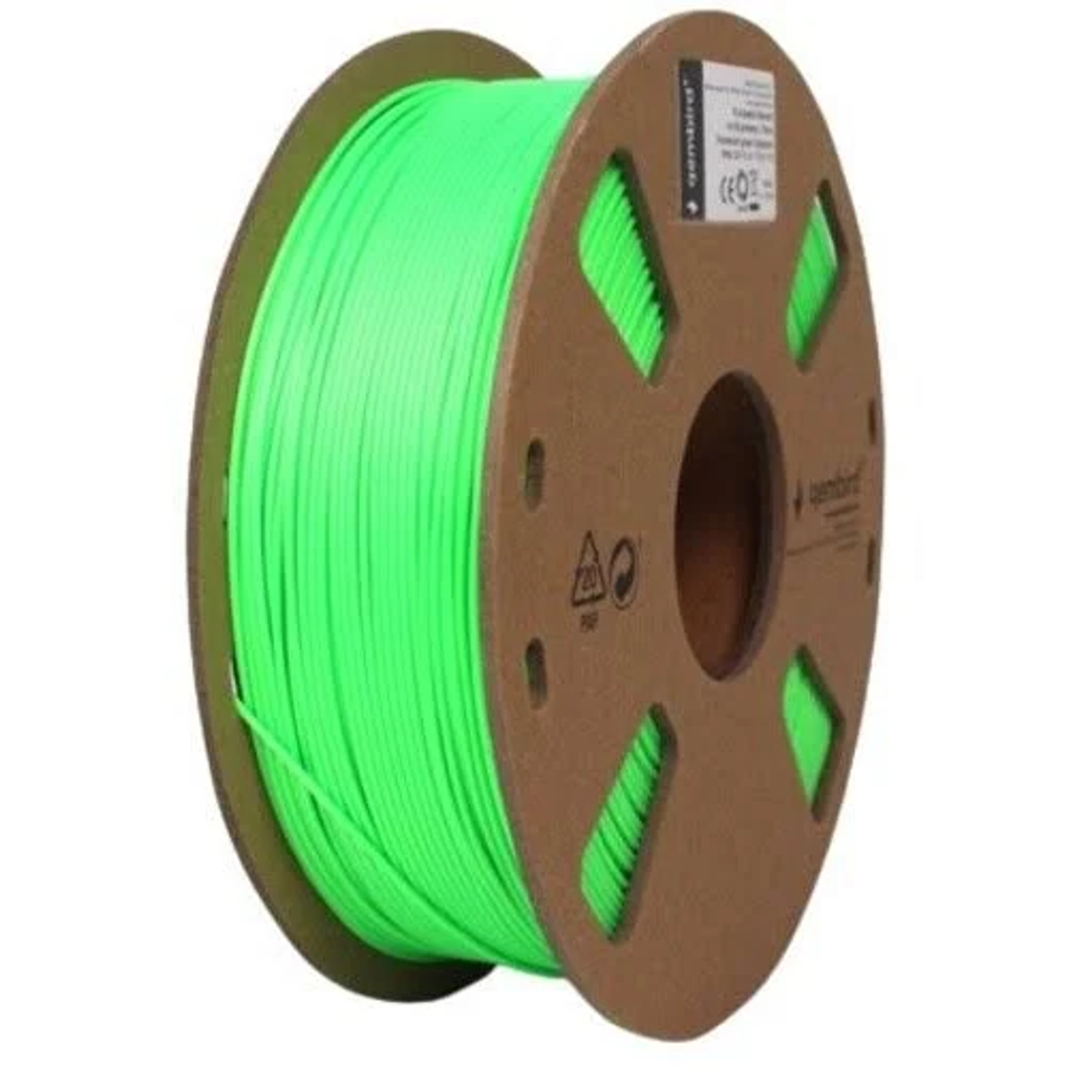 Una bobina de filamento verde para impresión 3D con una bobina de cartón marrón. La bobina está sobre un fondo blanco.