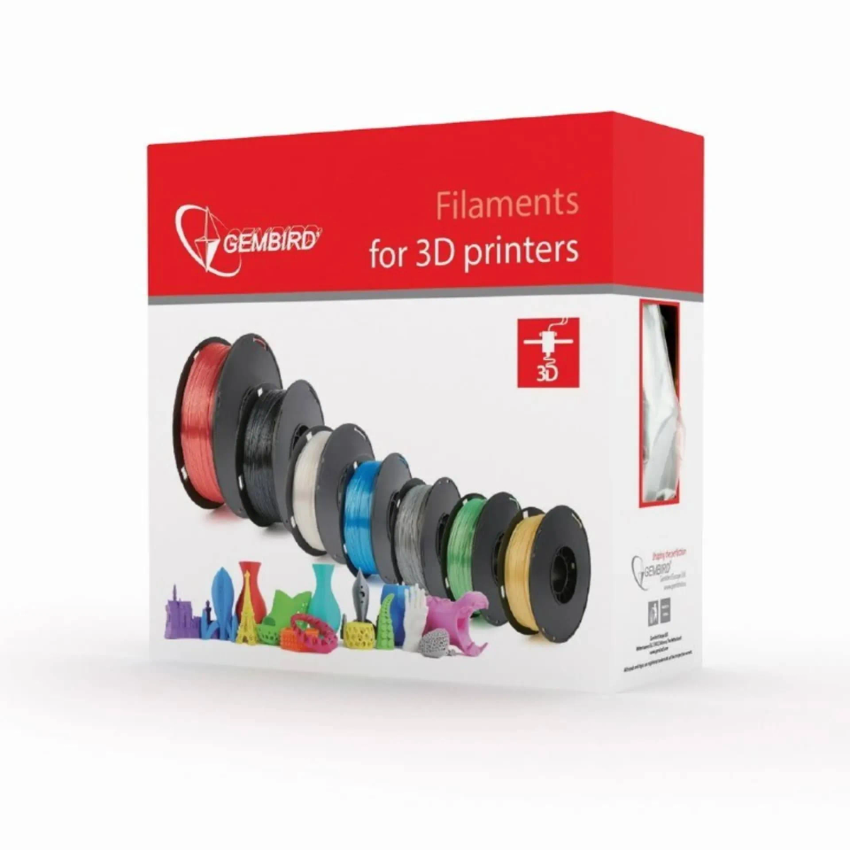 Una caja de filamentos para impresora 3D, con tapa roja y varios carretes de colores y objetos impresos en 3D.