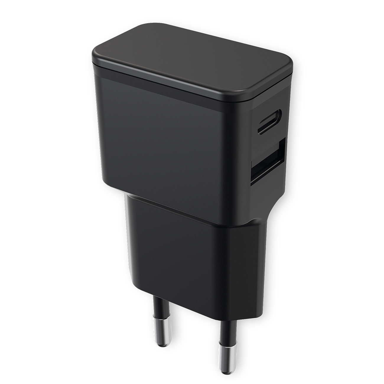 Caricatore da parete nero con due porte USB. Sfondo bianco. Viste dall'alto e laterali.