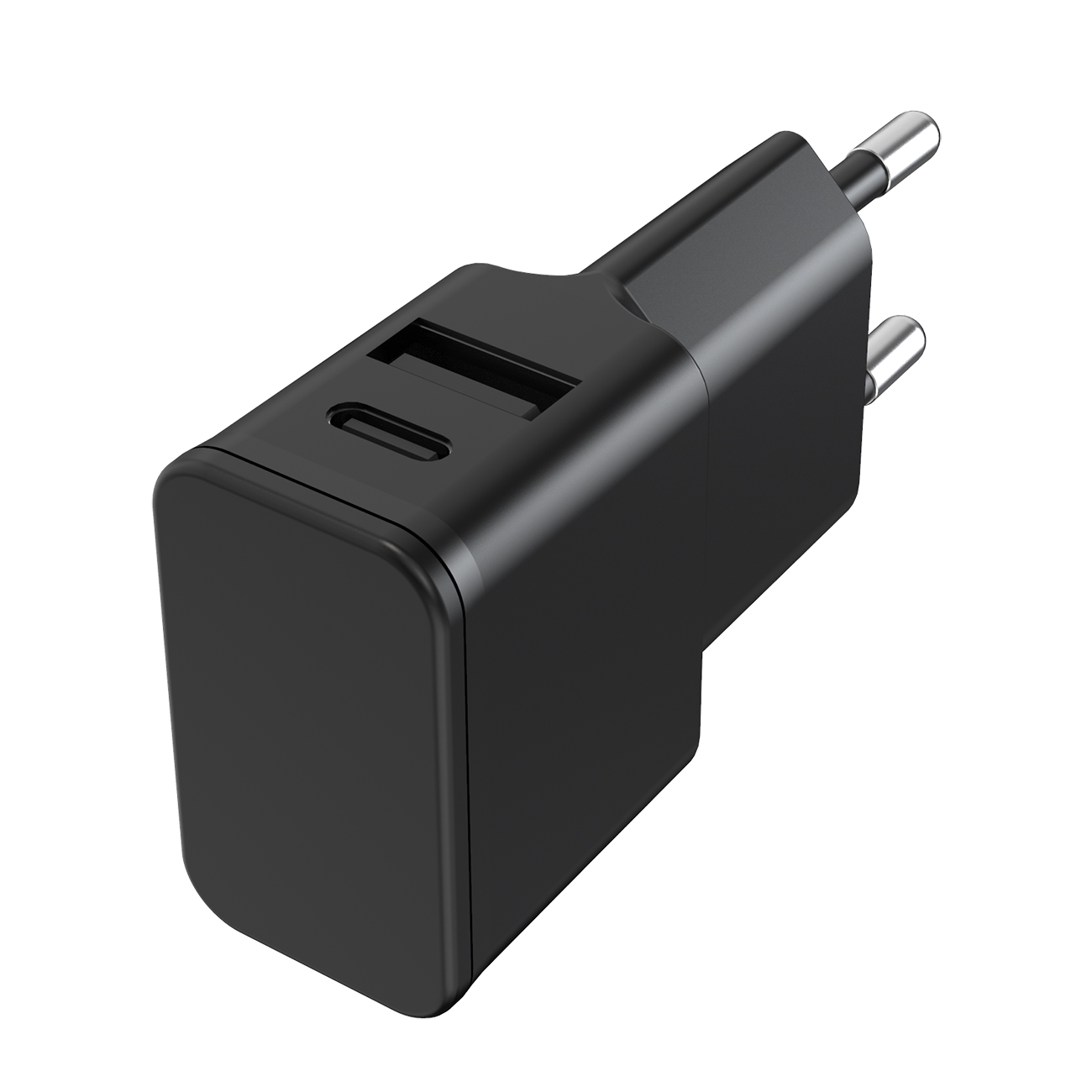 Un caricatore USB nero con due spine. Ha una porta USB-A e USB-C.