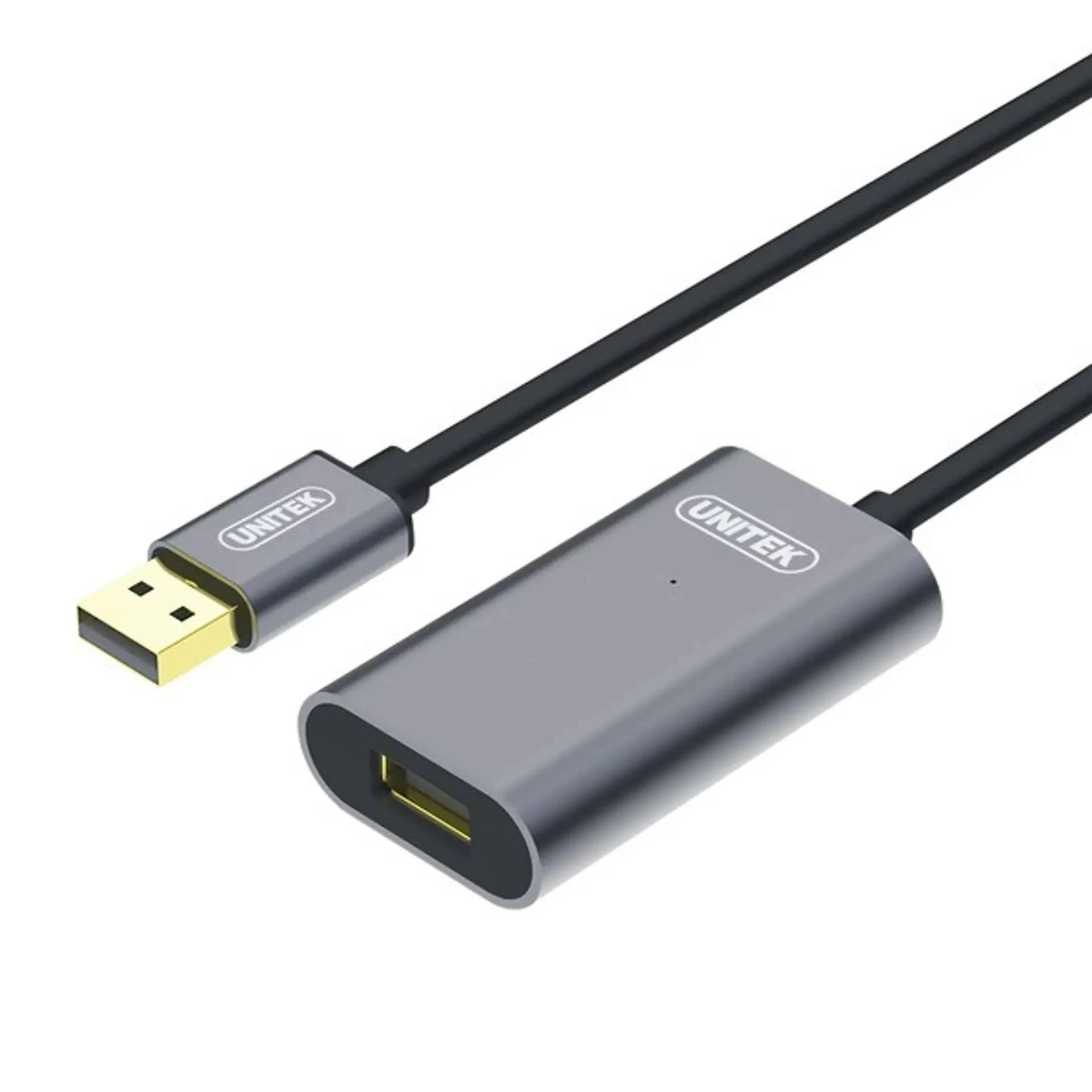 Grijze USB-C naar USB-A adapterkabel. Het merk 'UNITEK' is aan beide uiteinden zichtbaar. Witte achtergrond.