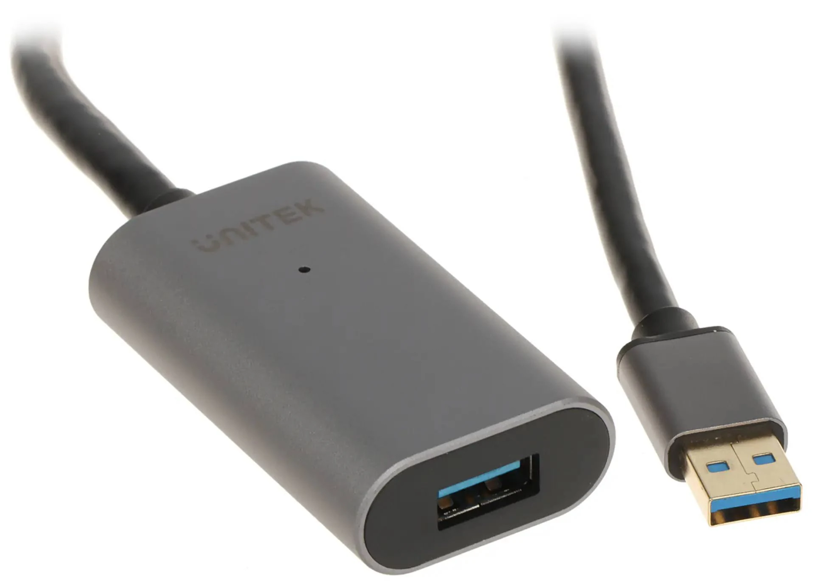 Un câble adaptateur USB vers USB-C gris sur fond blanc avec le nom de la marque.