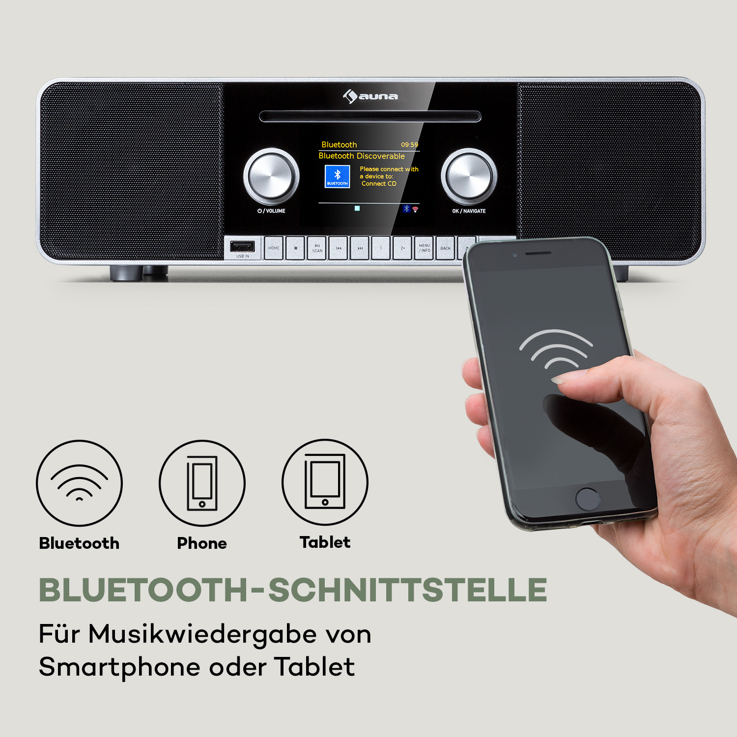 Radio mit Bildschirm und einem Telefon. Bluetooth-Schnittstellenbeschreibung. Weißer Hintergrund.