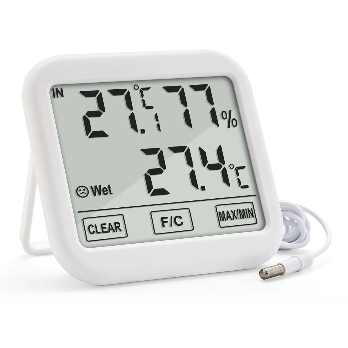Digitales Thermometer zeigt Temperatur- und Feuchtigkeitsmesswerte auf weißem Hintergrund.