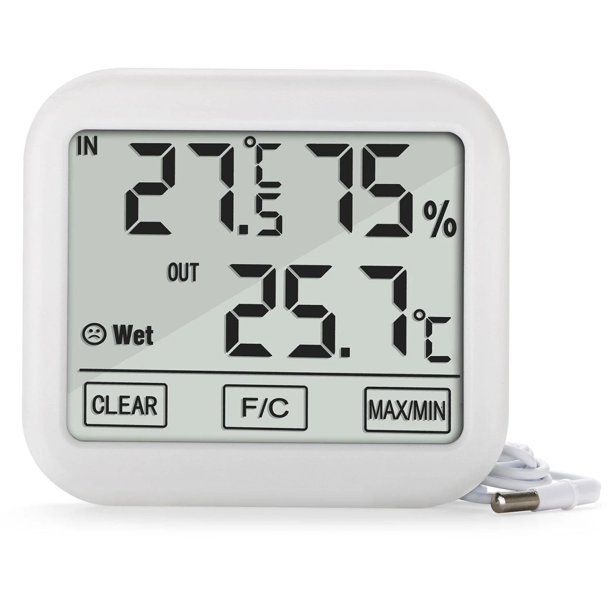 Weißes digitales Thermometer mit Temperatur- und Feuchtigkeitsmesswerten. Knöpfe sichtbar.