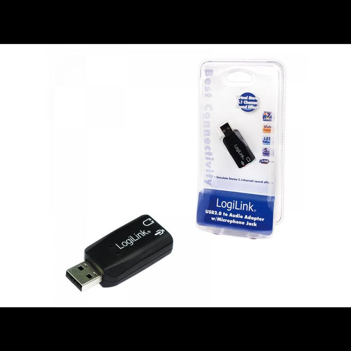 Adapter audio USB LogiLink w opakowaniu i sam adapter.