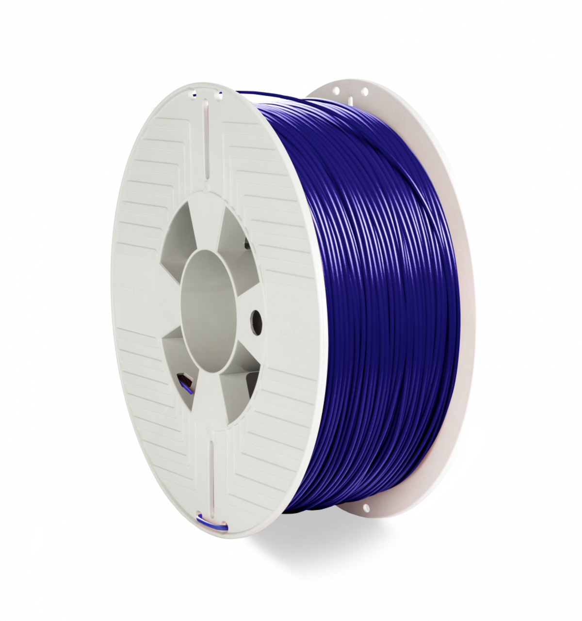 Blaue 3D-Druck-Filamentspule. Weiße Spulenseiten. Weißer Hintergrund.