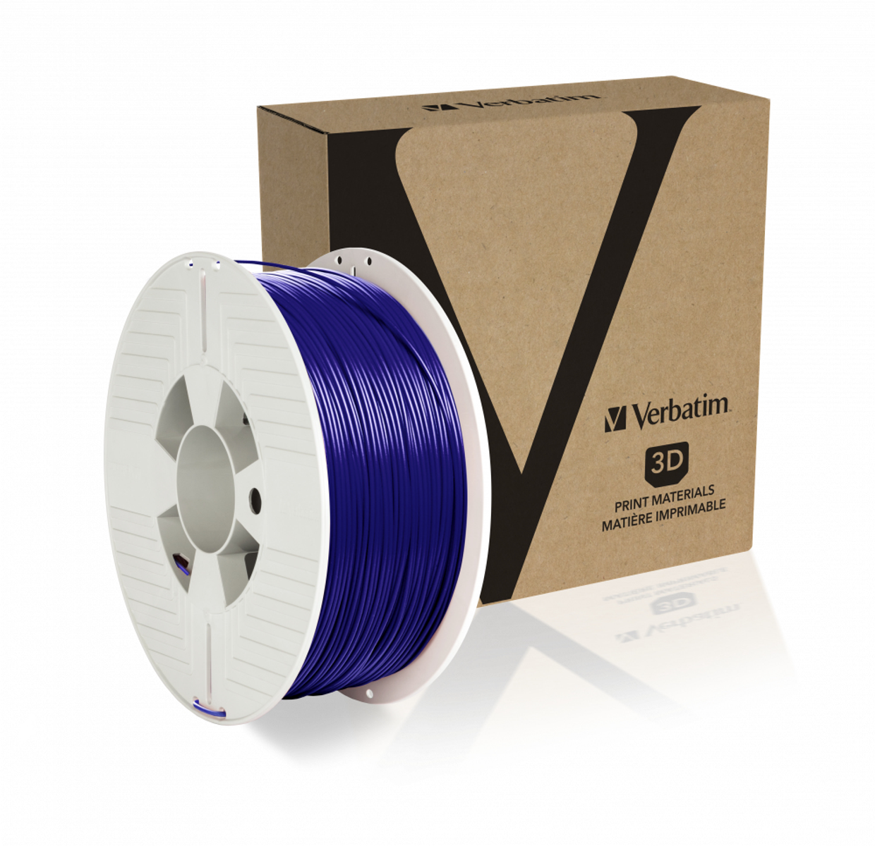 Eine Spule blaues 3D-Druckfilament neben einer braunen Pappschachtel.