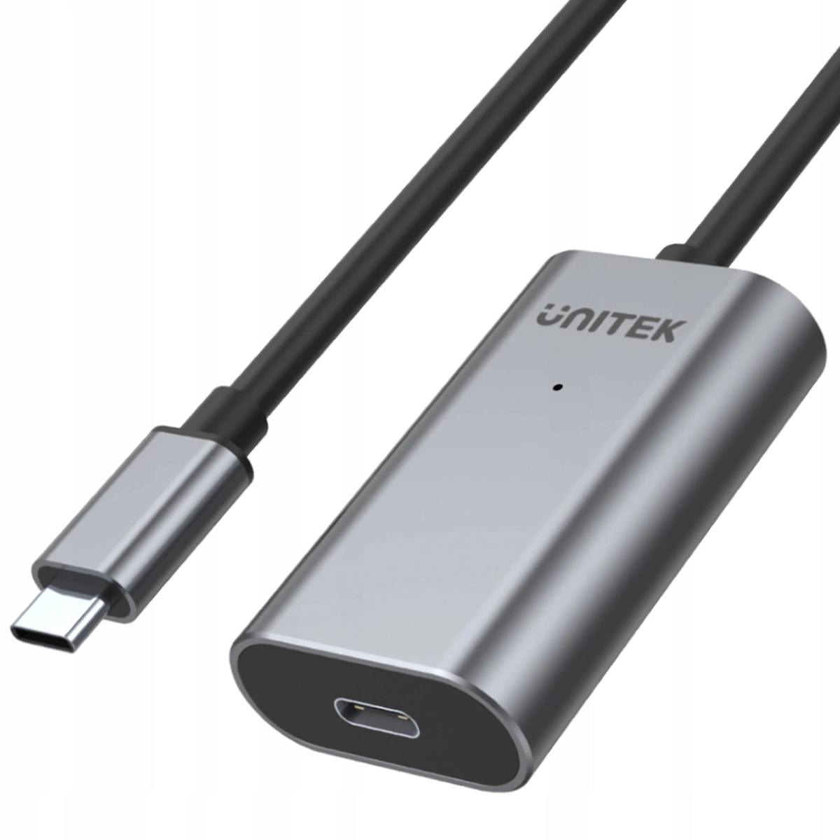 Un cavo adattatore Unitek USB-C a HDMI argento e nero, con connettore USB-C e porta HDMI.