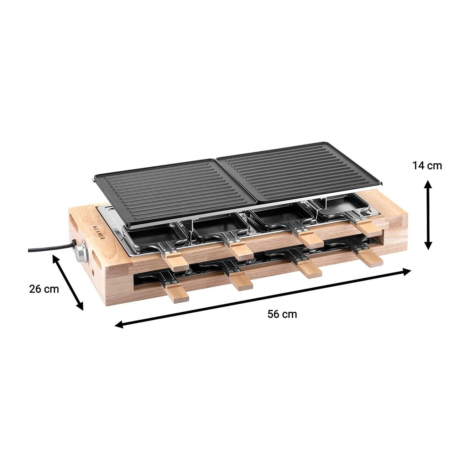 Ein Raclette-Grill mit angegebenen Abmessungen. Enthält Grillplatten und Käsehalter.