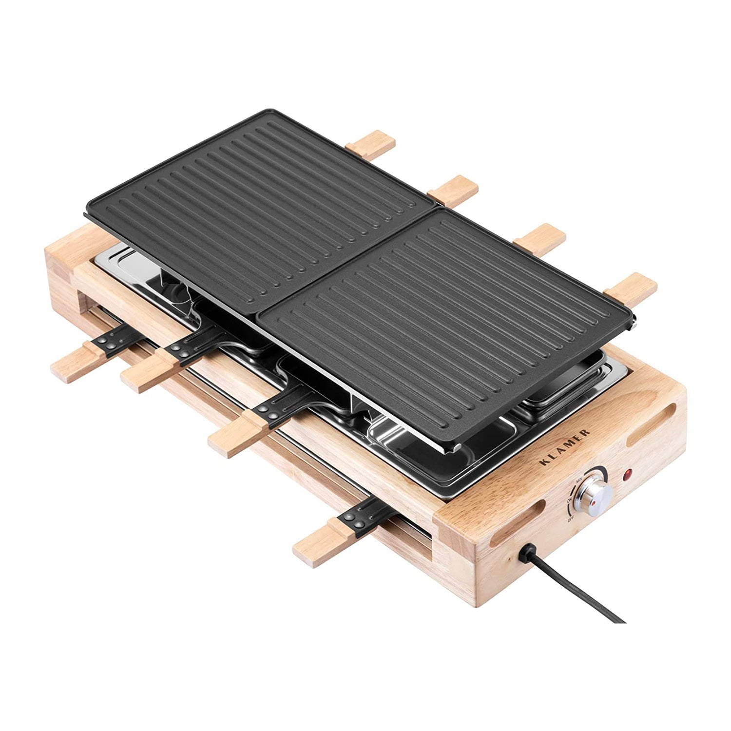 Ein Raclette-Grill aus Holz mit zwei schwarzen Grillplatten, Bedienelementen und Holzstützen. Er hat ein Netzkabel.