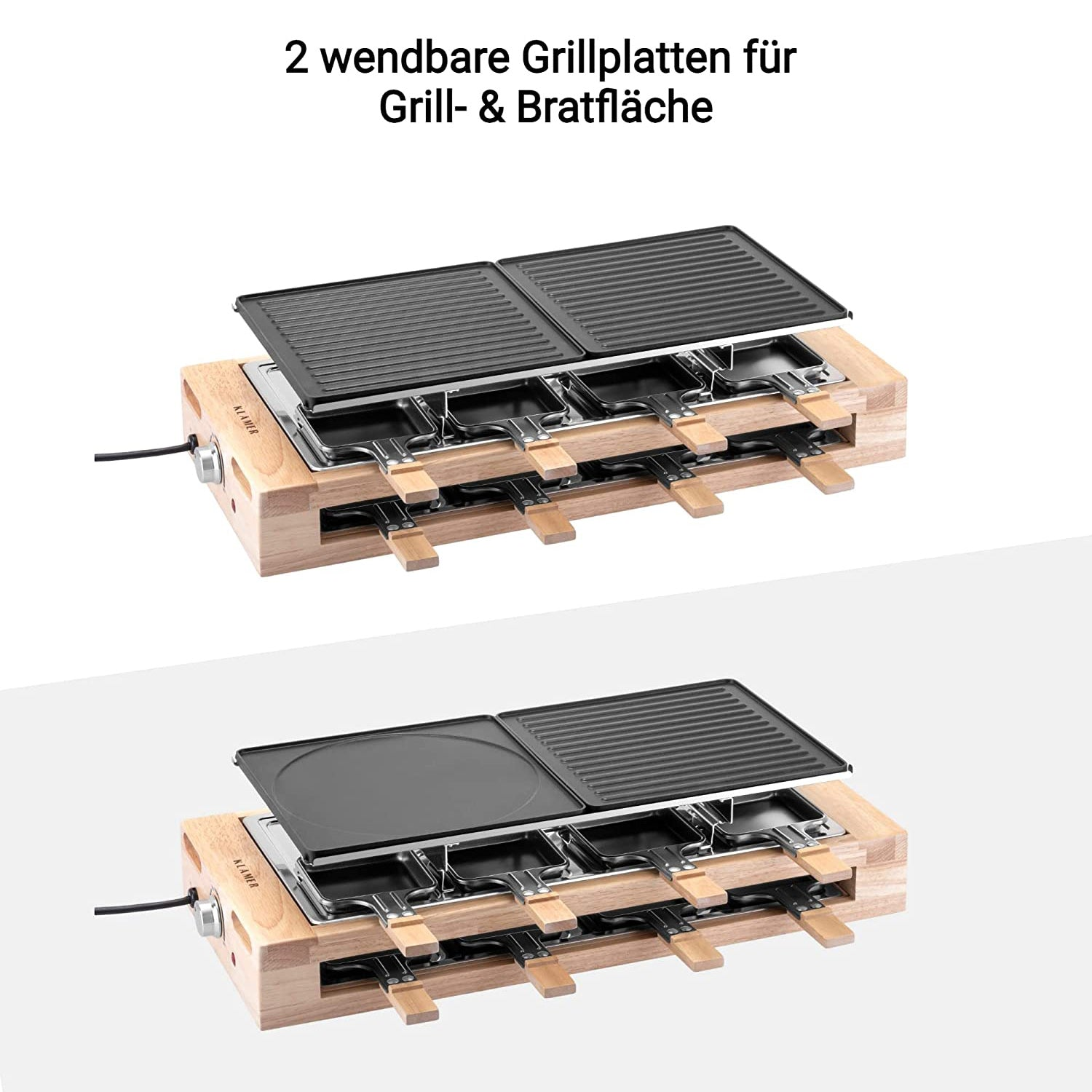 Raclette-Grill mit zwei Wendegrillplatten auf Holzsockel.