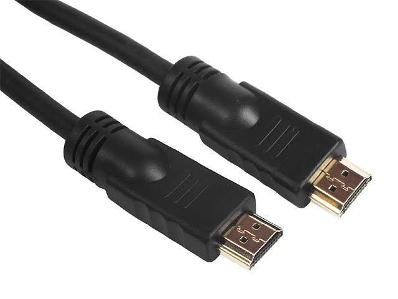 Dwa czarne kable HDMI ze złotymi złączami. Kable leżą na białej powierzchni.
