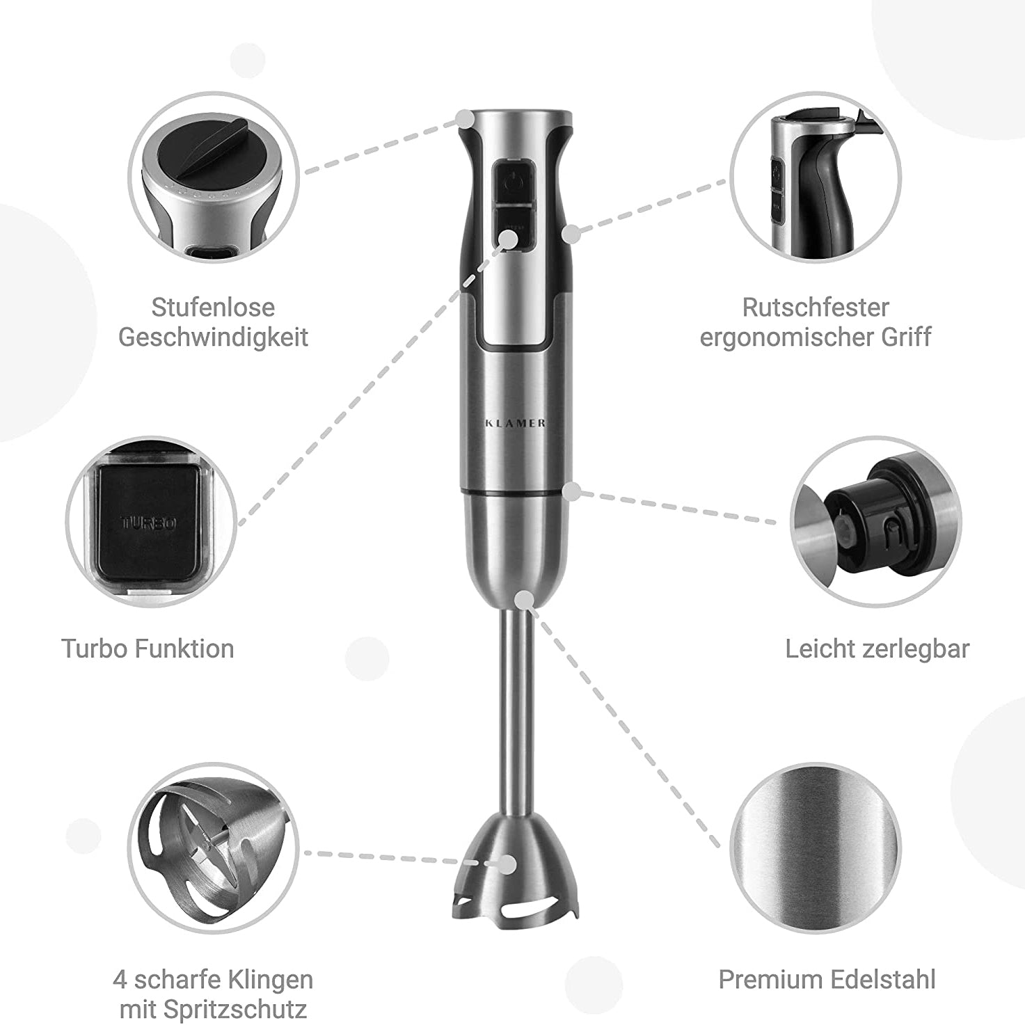 Ein silberner Stabmixer mit Detailbeschriftungen: Geschwindigkeit, ergonomischer Griff, Turbo, zerlegbar.