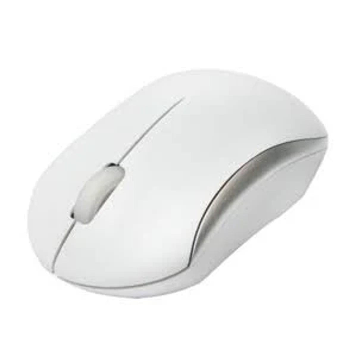 Eine weiße Computermouse mit einem Rad und silbernen Akzenten liegt auf weißem Grund.