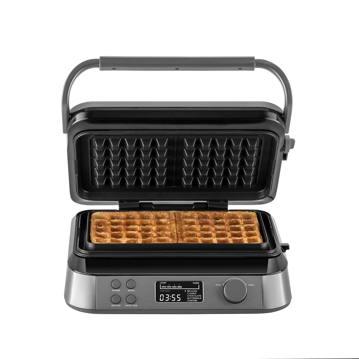 Offener Waffeleisen mit zwei Waffeln im Inneren und Digitalanzeige auf weißem Hintergrund.