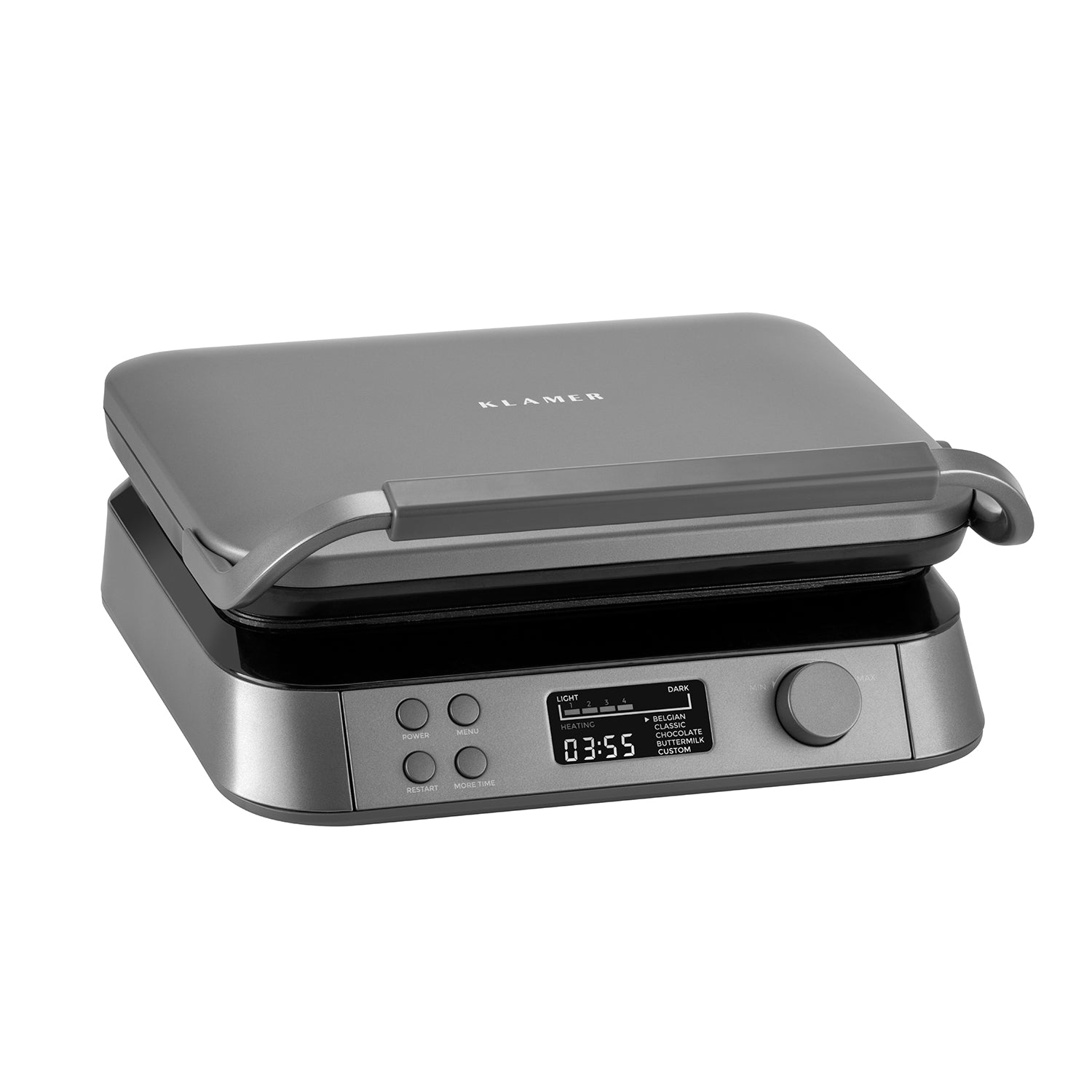 Graue elektrische Grillplatte mit Digitalanzeige und Bedienknopf. Die Grillplatte ist geschlossen.