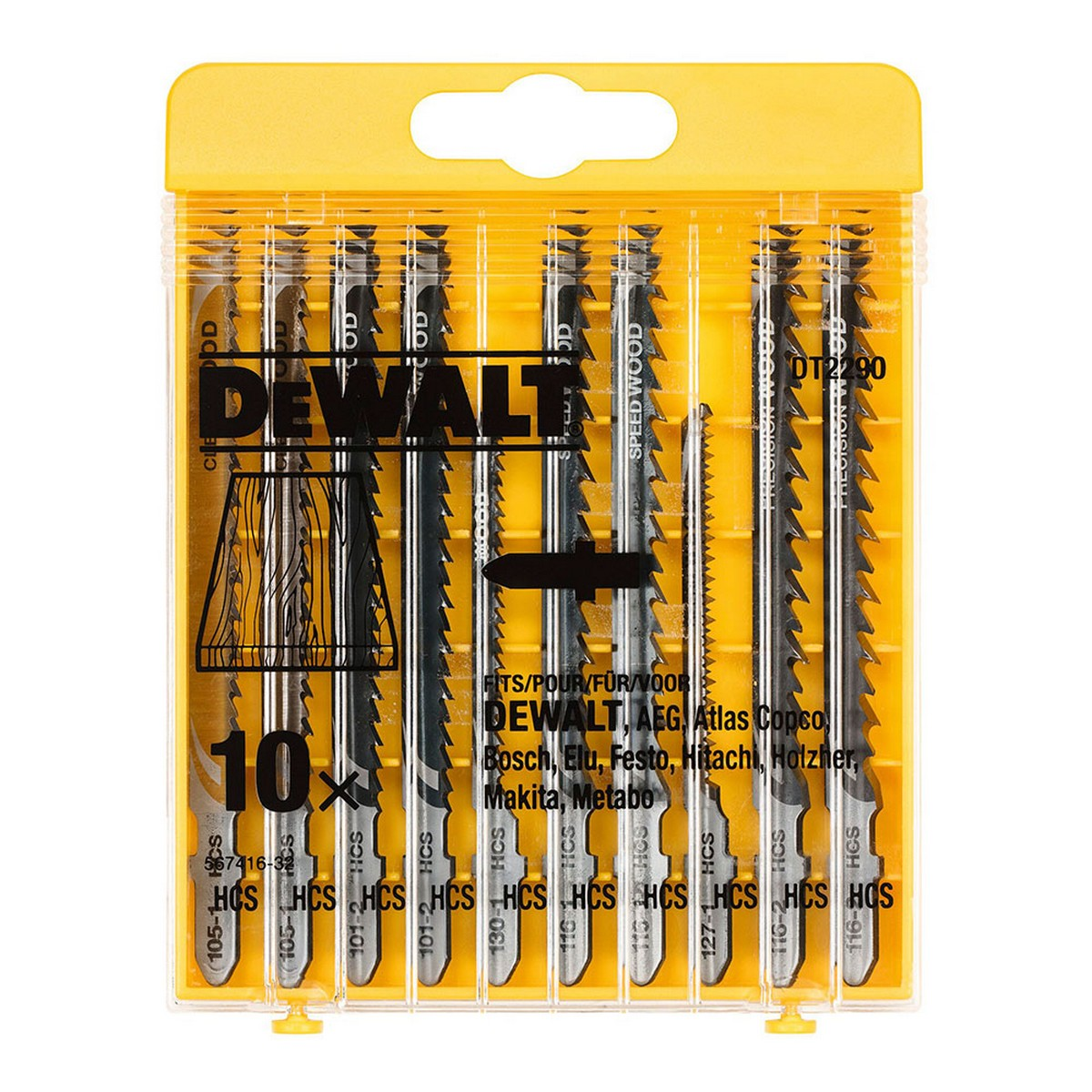 Eine Packung DeWalt Stichsägeblätter in einem gelben Kunststoffbehälter, mit deutlich sichtbarem Markennamen.