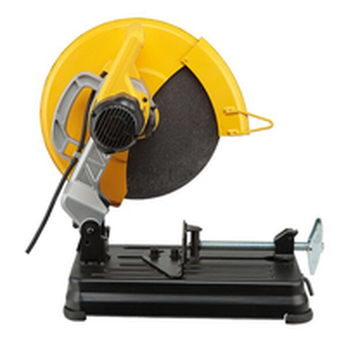 Yellow cut-off saw on a black base, isolated on white.