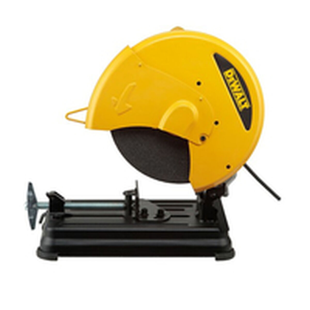 Yellow metal cut-off saw with a blade guard, on a black base.