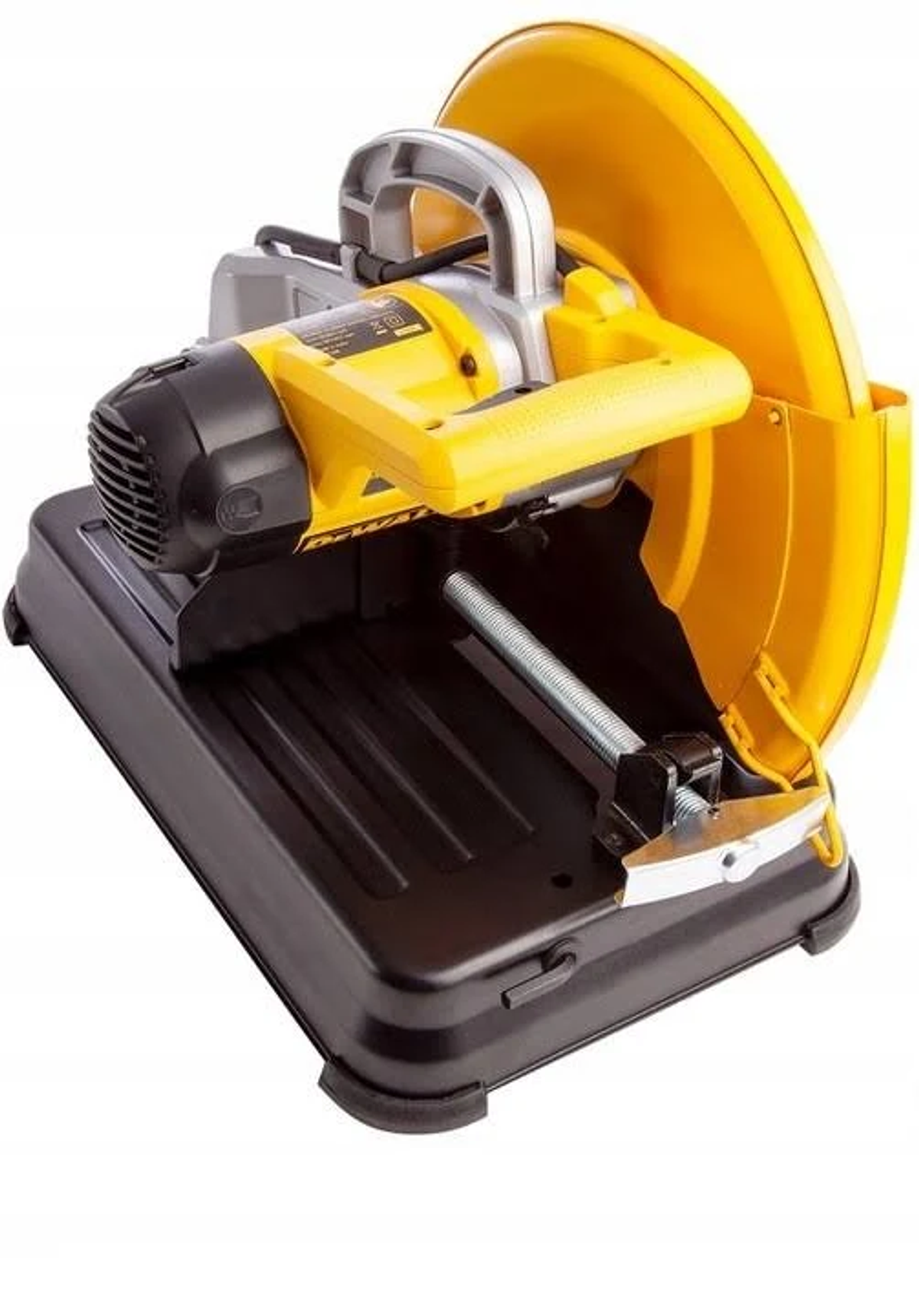Yellow and black chop saw with a black base. The saw blade is yellow and a handle is present.