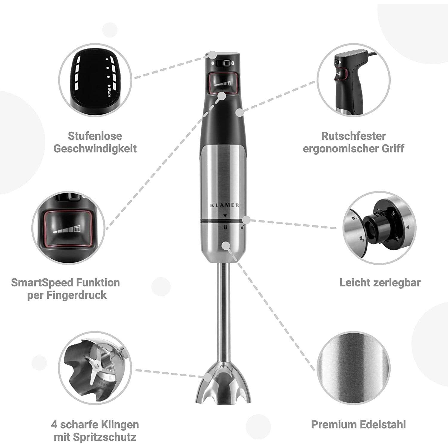 Ein silberner und schwarzer Handmixer mit Etiketten, die Funktionen wie Geschwindigkeitsregelung und Klingendetails anzeigen.