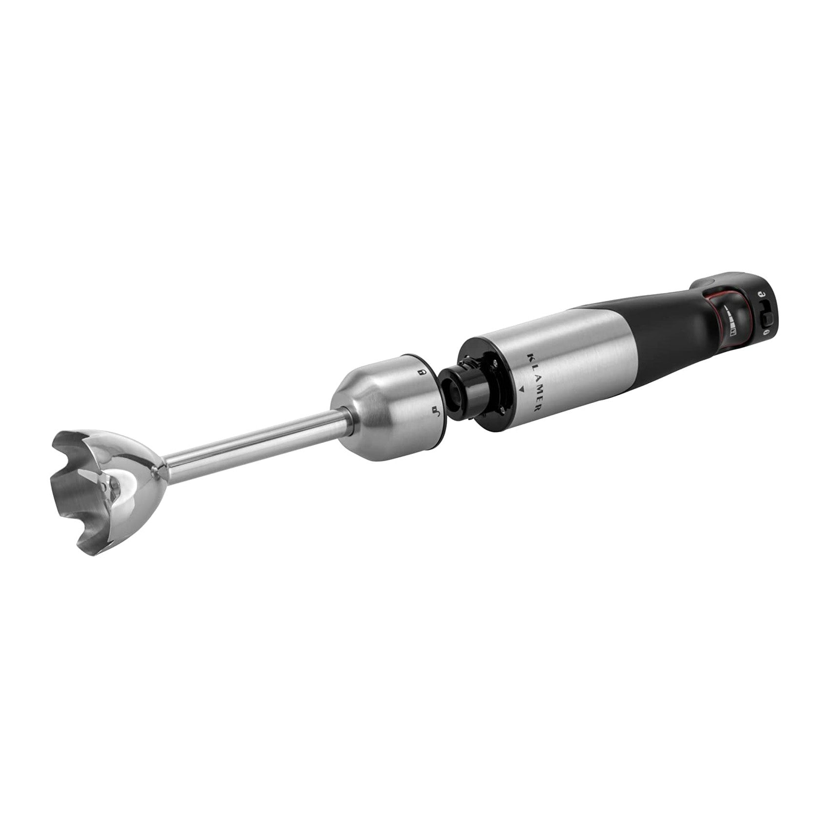 Handmixer in Einzelteilen, mit Edelstahlklinge.