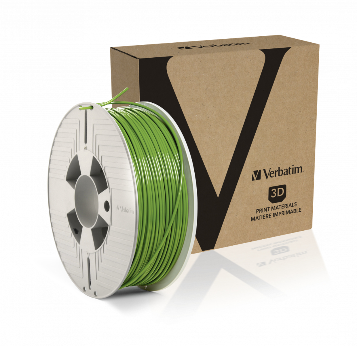 Eine Spule grünes 3D-Druckfilament und die Kartonverpackung auf weißem Hintergrund.