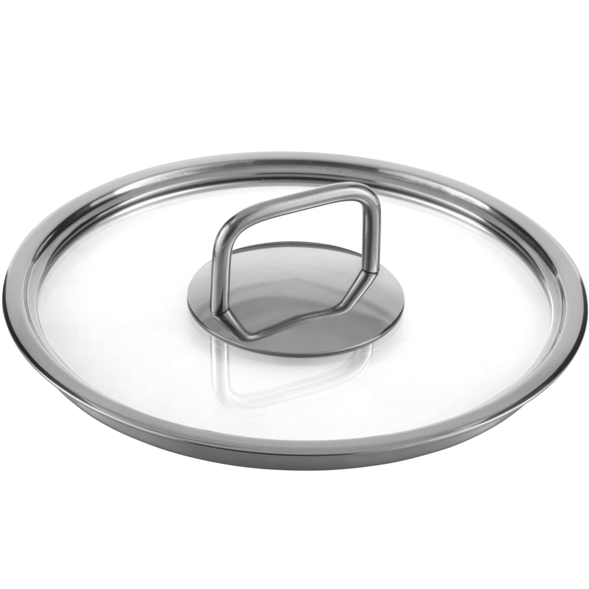Runder Glas-Topfdeckel mit Edelstahlrand und Griff, isoliert auf weißem Hintergrund.