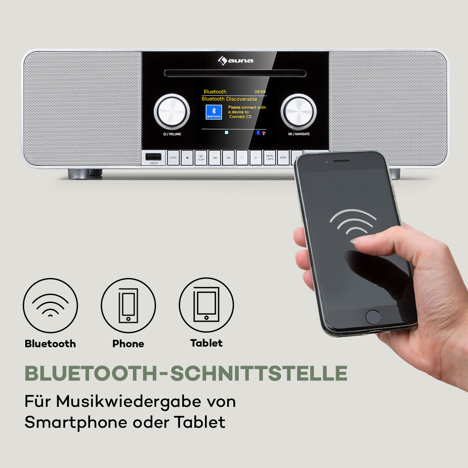 Ein weißes Stereoanlage mit einem Telefon, das sich über Bluetooth verbindet.