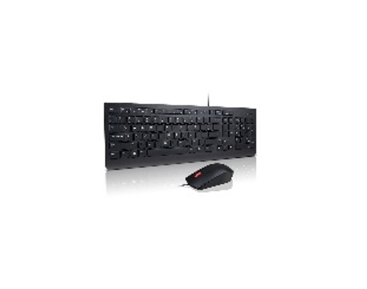 Set tastiera e mouse neri su sfondo bianco. Il mouse ha una rotella di scorrimento rossa.