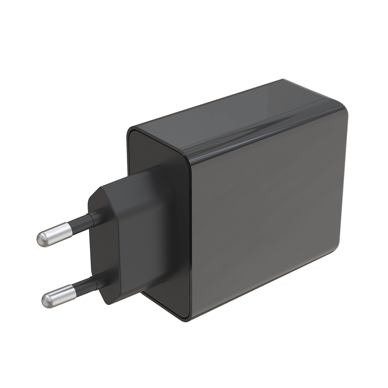 Ein schwarzes Wandladegerät mit zwei metallischen Stiften.