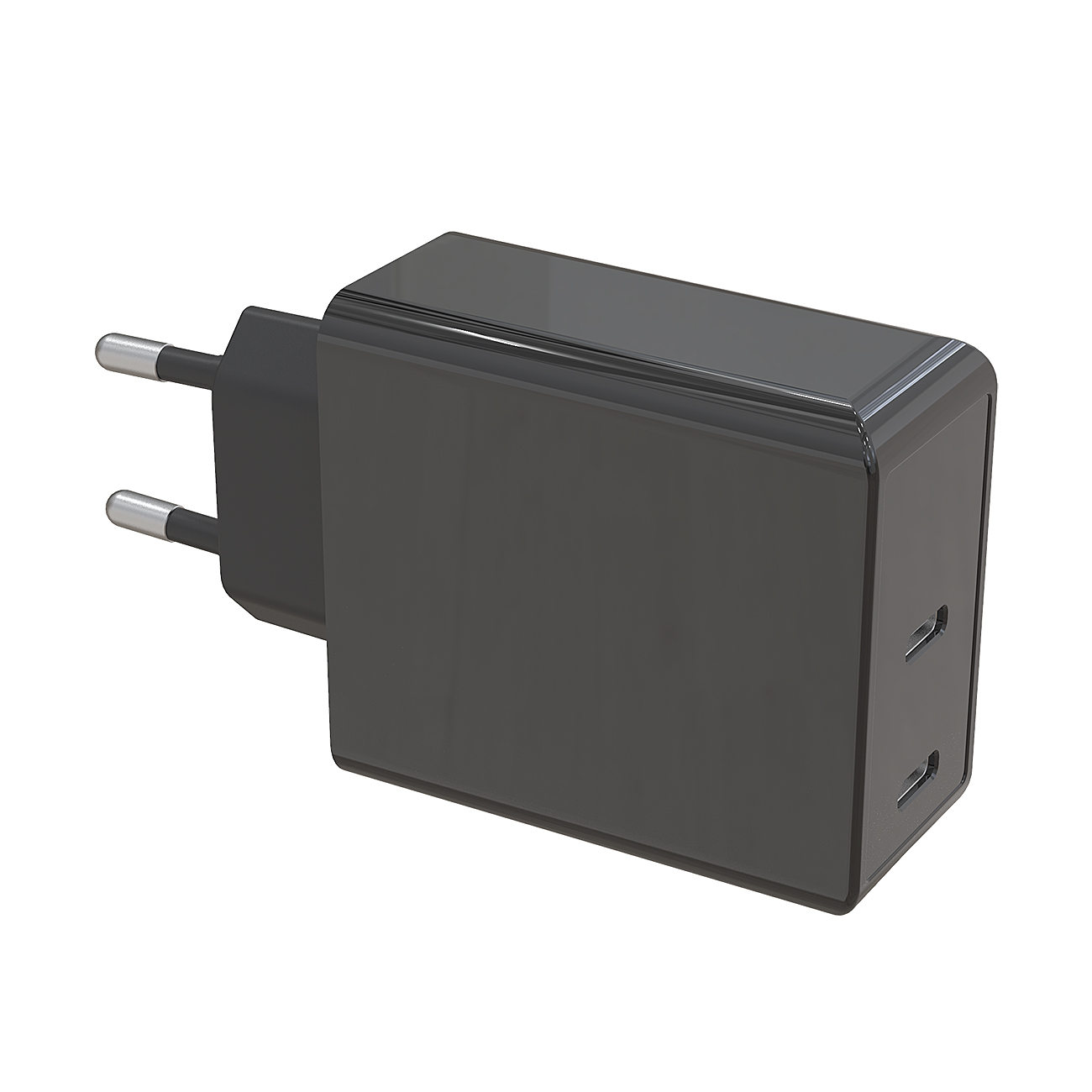 Schwarzer rechteckiger Netzadapter mit zwei Stiften für europäische Steckdose.