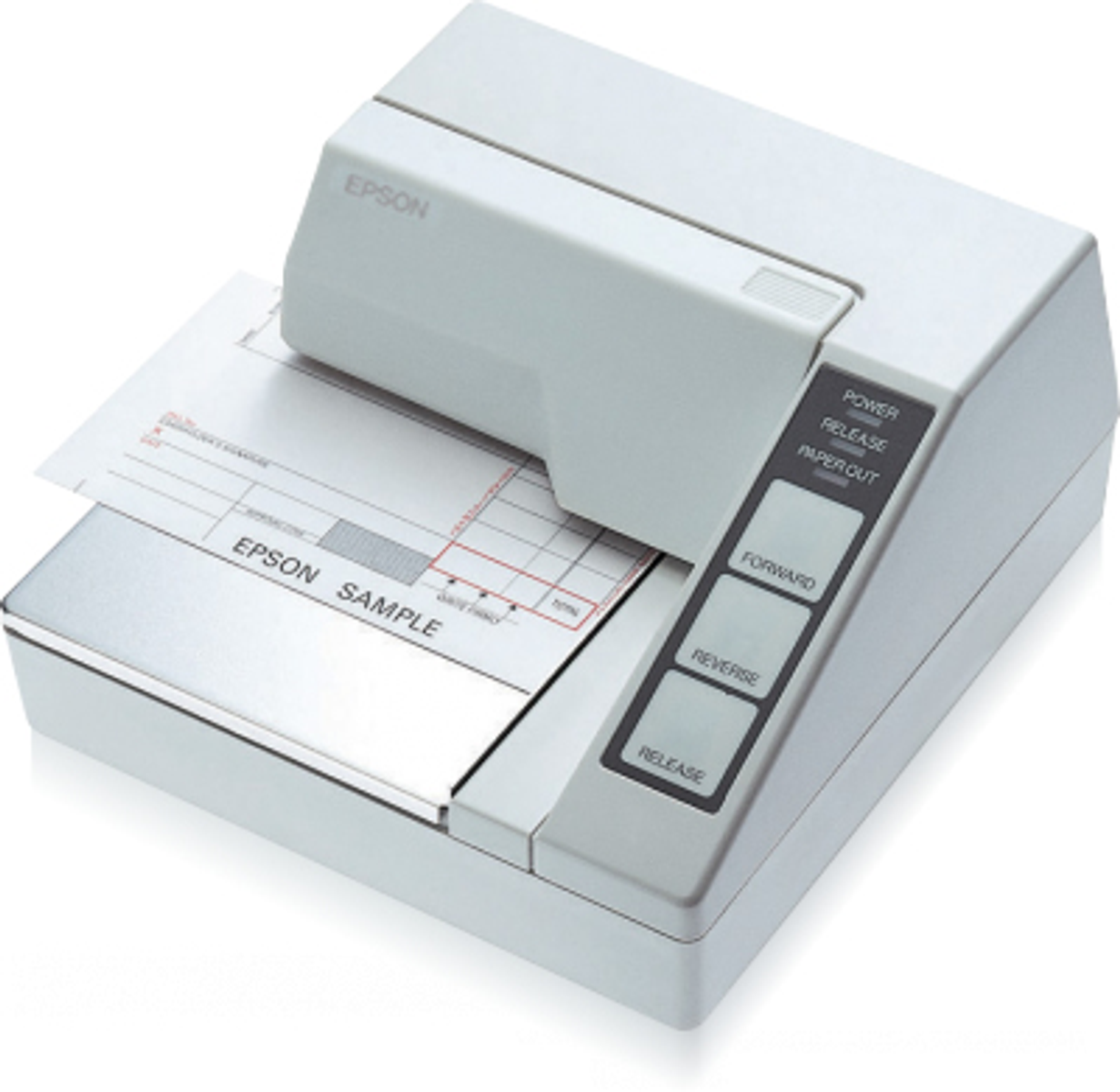Grauer Epson-Drucker, der ein Dokument druckt und den Papierauswurf zeigt.
