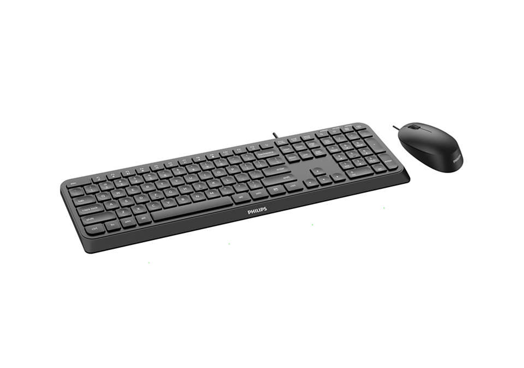 Set tastiera e mouse neri. La tastiera ha molti tasti. Il mouse è piccolo e ha un filo.