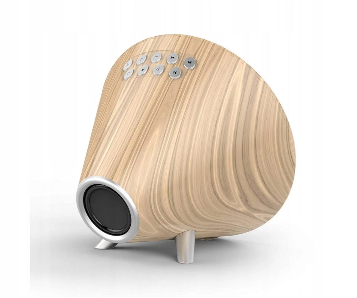 Drewniany głośnik z przyciskami na górze i okrągłym głośnikiem.