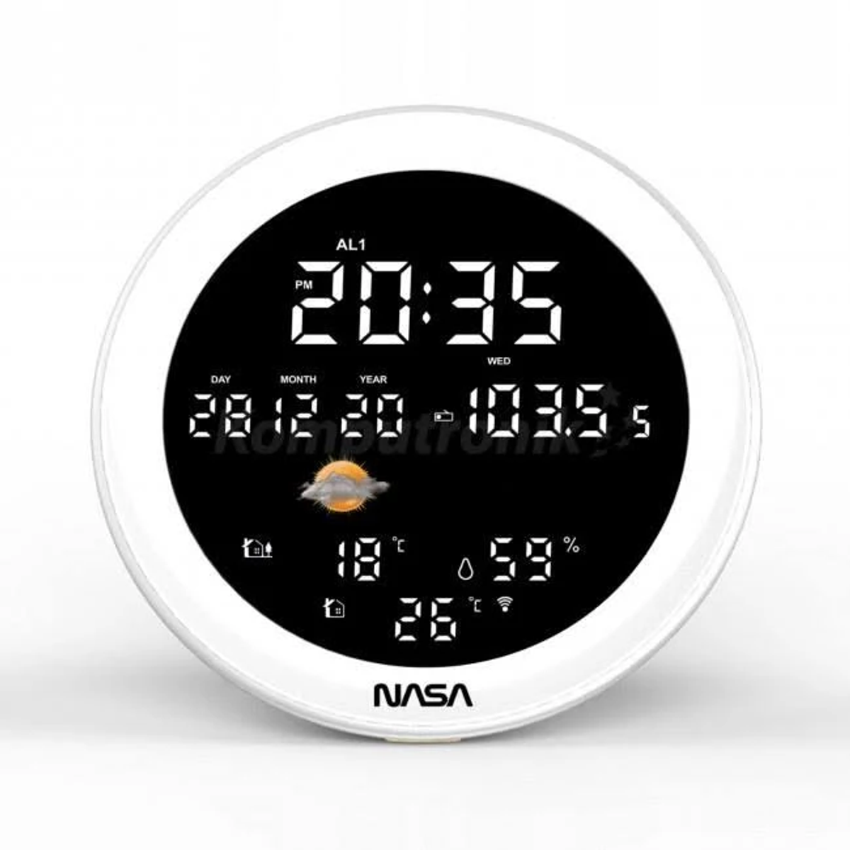 Biały zegar cyfrowy z datą, godziną i informacjami o pogodzie.