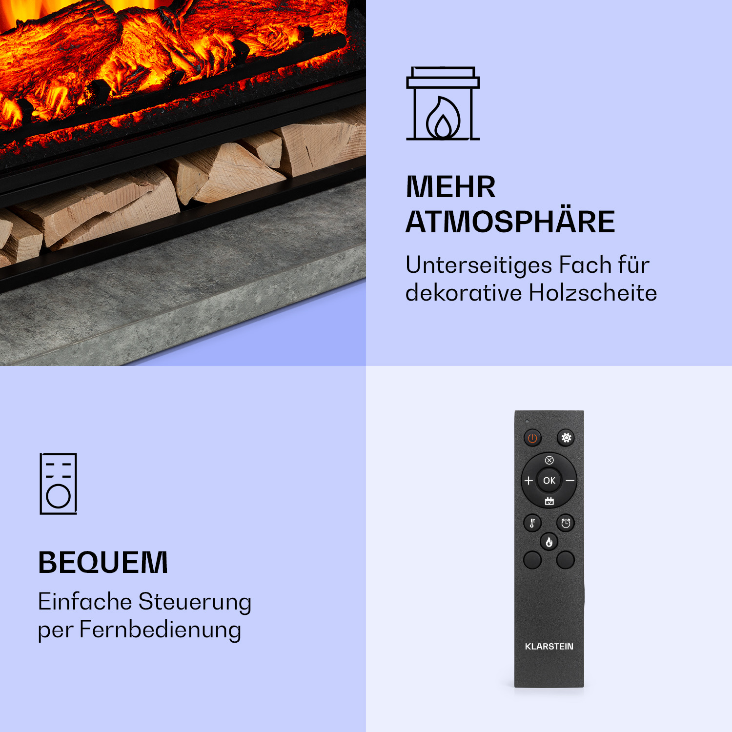 Un camino con telecomando. Il testo recita 'Mehr Atmosphäre' e 'Bequem' in tedesco su sfondo blu.