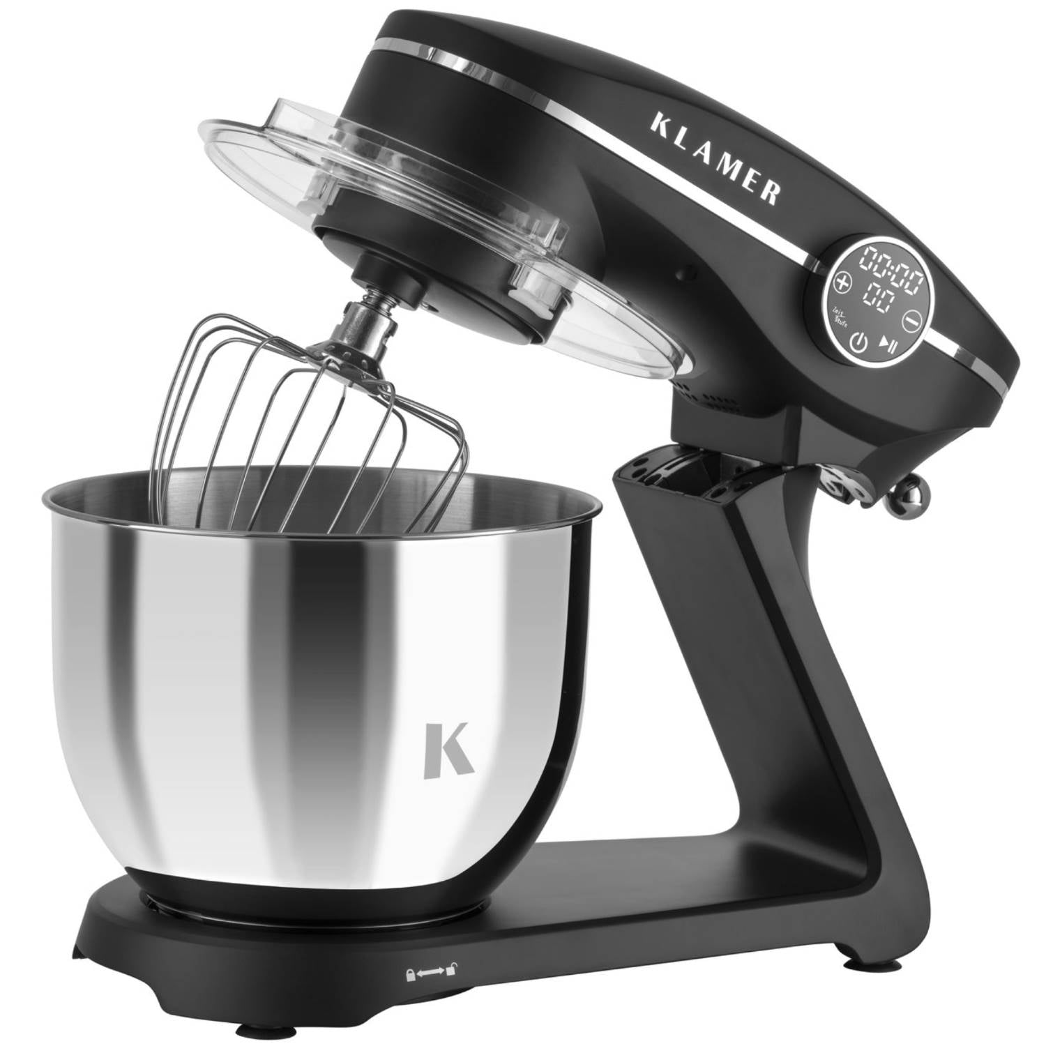 Schwarzer Küchenmixer mit Edelstahlschüssel. Ein klarer Spritzschutz ist angebracht.