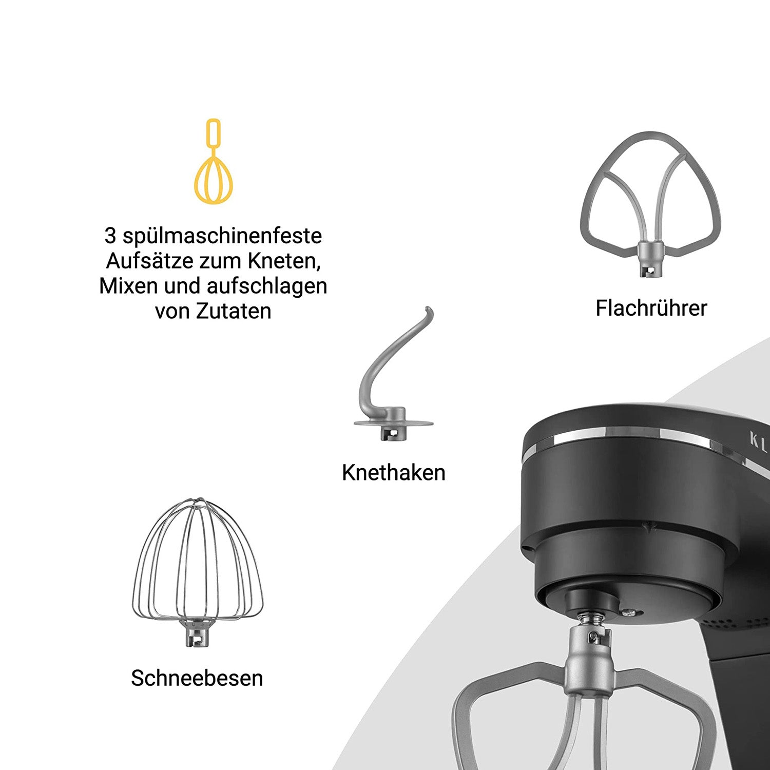 Nahaufnahme eines schwarzen Küchenmixers mit 3 Aufsätzen: Schneebesen, Flachrührer und Knethaken.